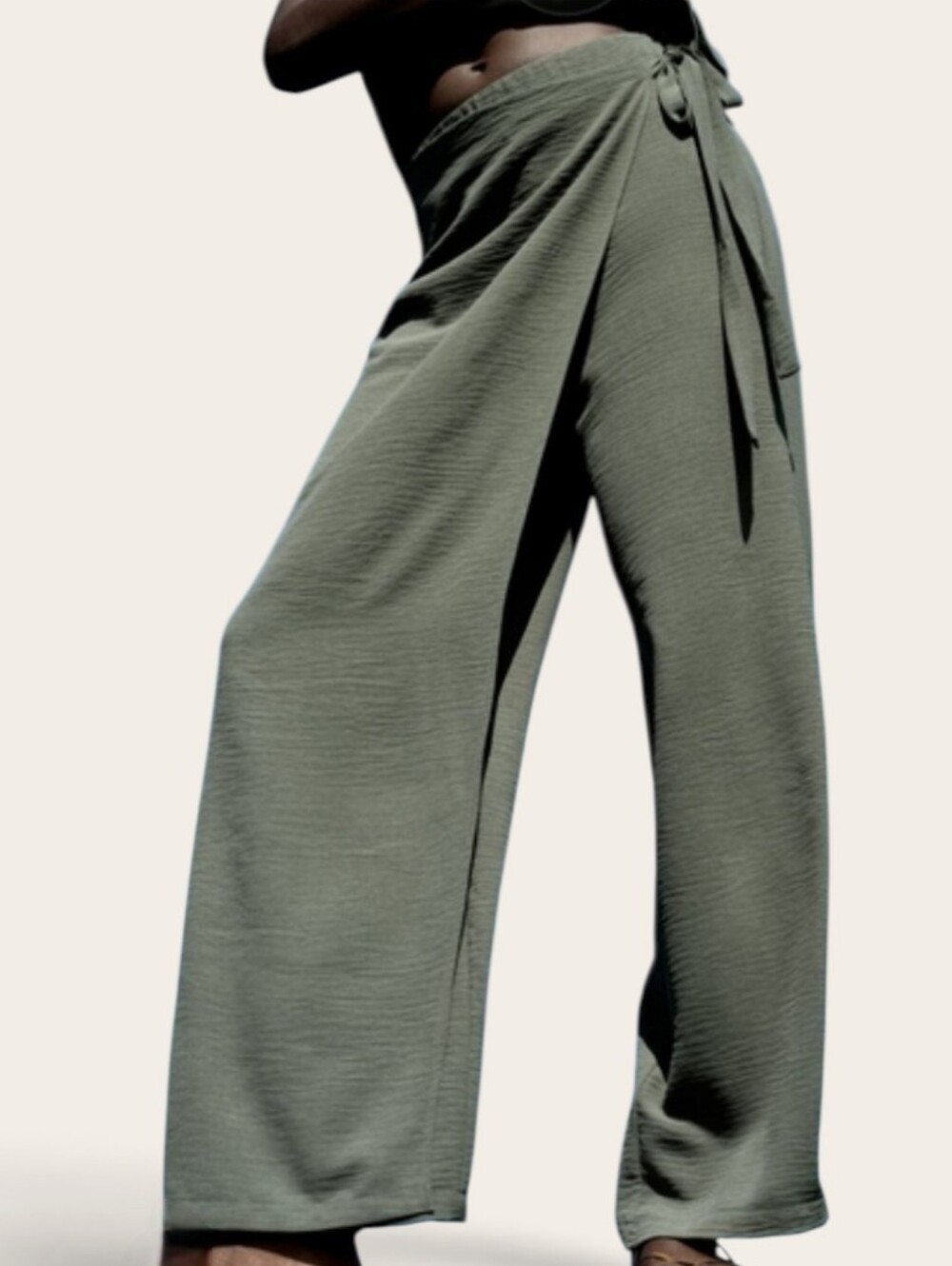 Zara Wrap Waist Pants Wide Leg Side Tie Green High Waist Flowy Crinkle Texture S